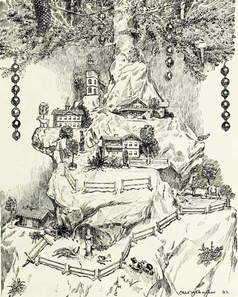 Line drawing of a putz village underneath a Christmas Tree by Mary Mapes Dodge