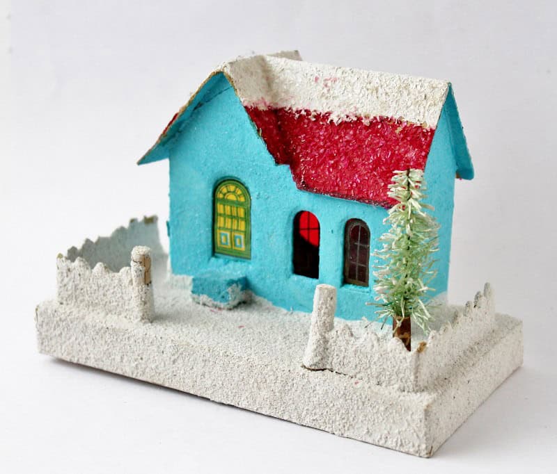 Vintage blue putz house with red roof