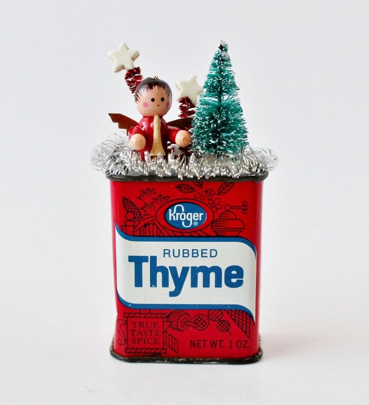 vintage thyme tin with angel christmas decoration