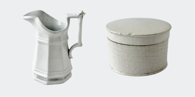 2 pieces of antique ironstone, both from the UK: a creamer and a lidded jar