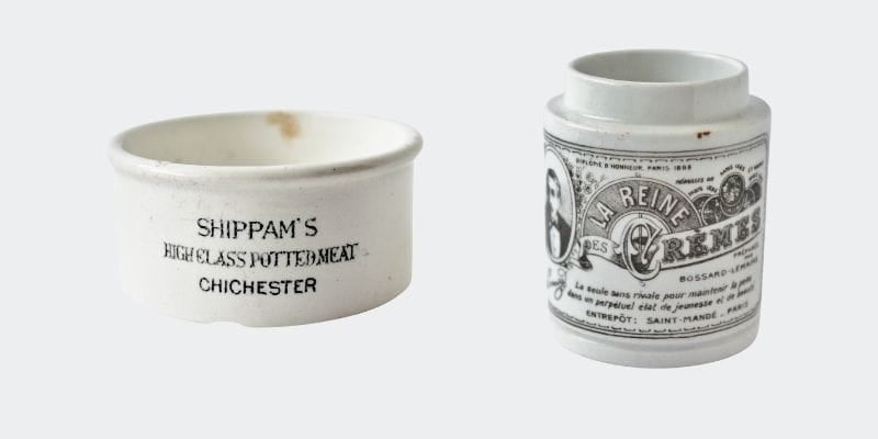 2 crocks: antique potted meat jar and antique french face cream jar