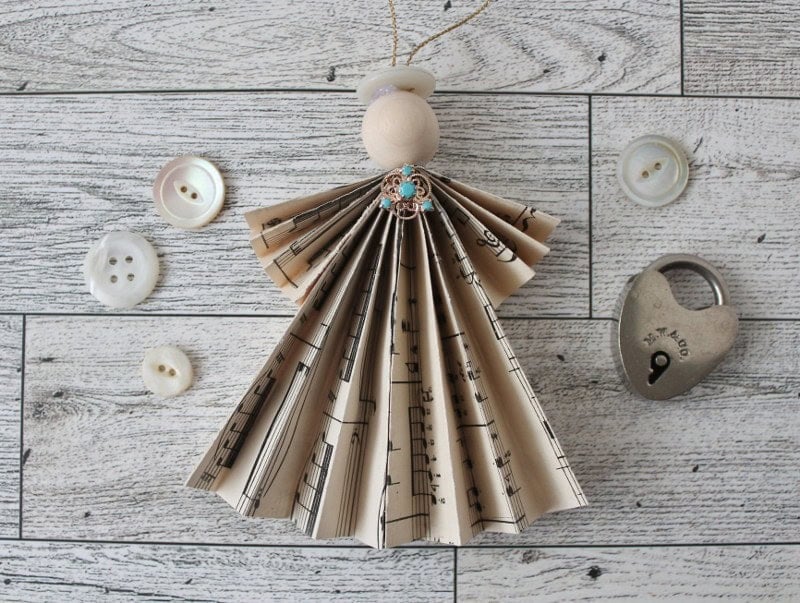 Completed vintage music paper angel ornament