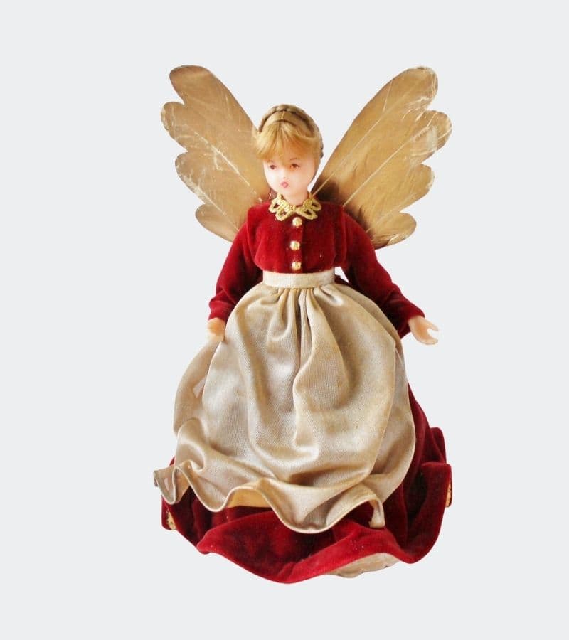 Vintage angel tree topper with red dress and wax face