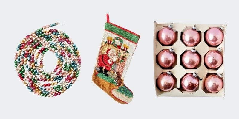 Multi-colored garland, needlepoint Santa stocking, pink shiny brite glass ornaments