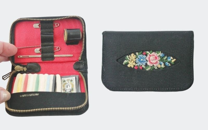 vintage sewing kit with petite point decorated lid