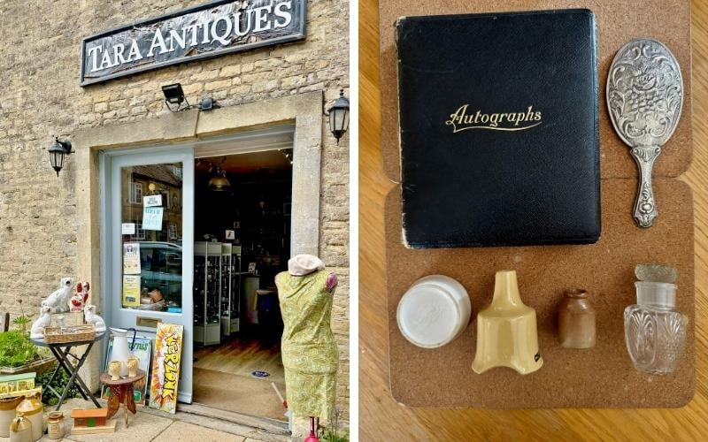 two photos: Tara's Antiques & items purchased, including large autograph book