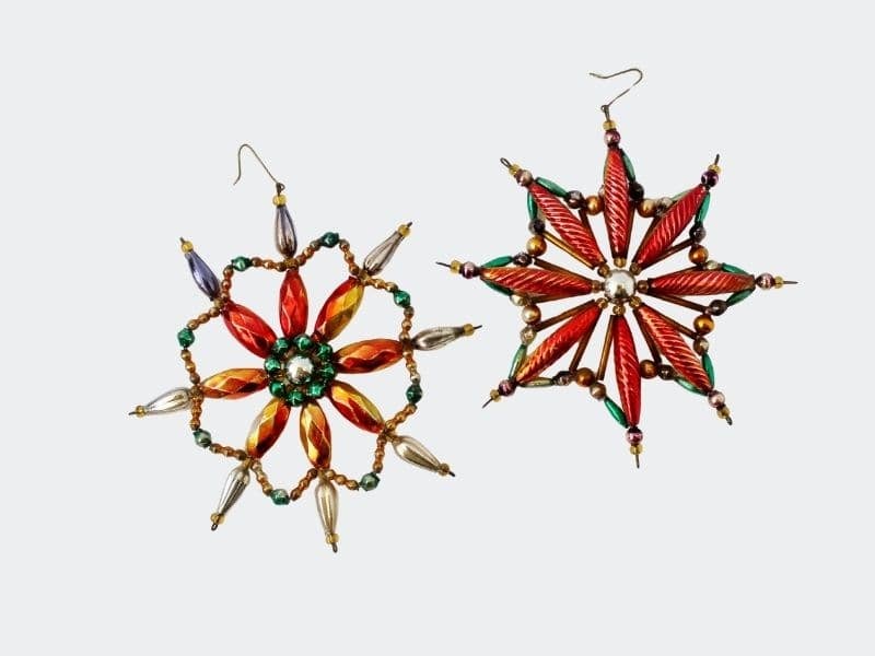 2 colorful snowflake shaped beaded ornaments