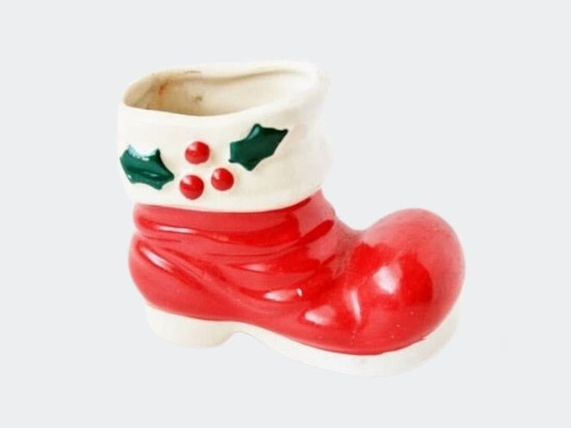 vintage red cereamic christmas boot planter