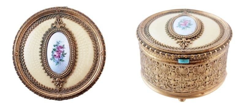 beautiful gold filigree vanity jar with guilloche lid