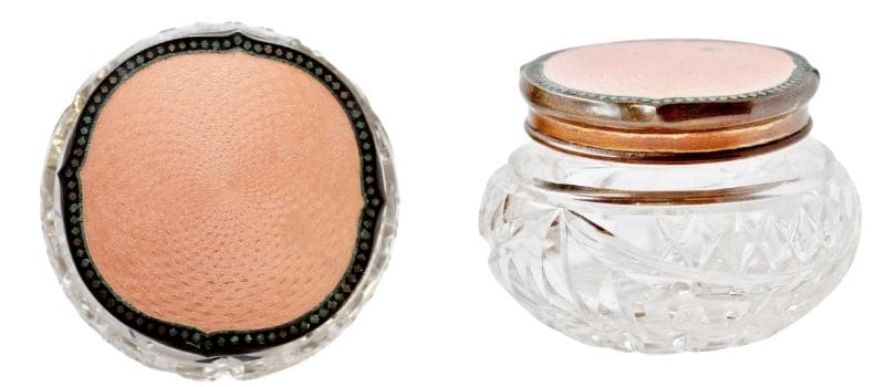 clear cut glass vanity jar with pink guilloche lid