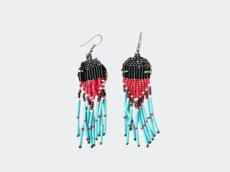 Native American beaded earrings in black, red, & turquoise