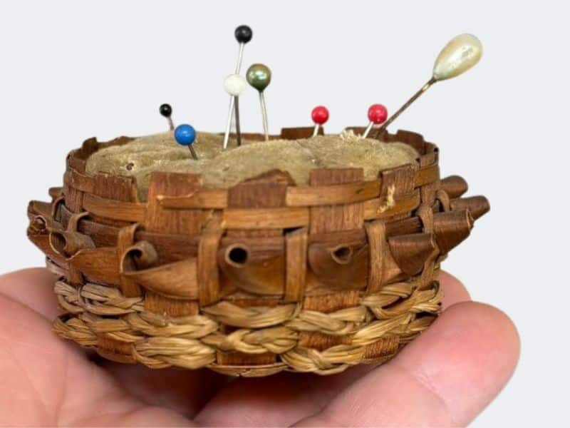 Ash splint and sweet grass pin cushion with porcupine quill decoration