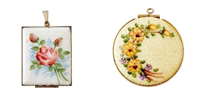 2 vintage guilloche lockets with hand painted flowers