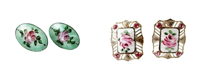 pair of pretty guilloche earrings with hand painted roses