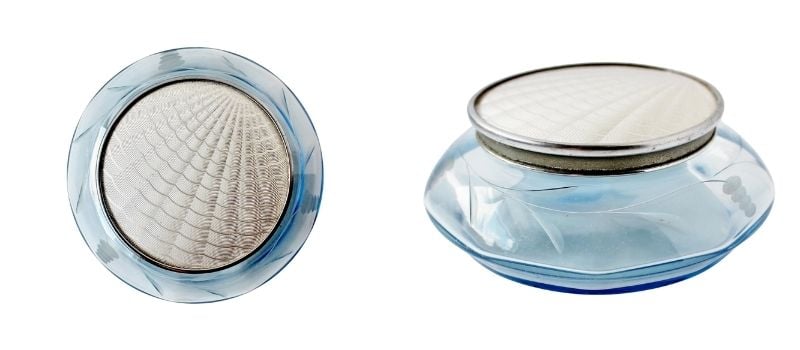 clear blue glass vanity jar with silver guilloche lid