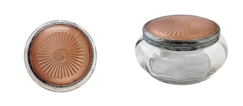 vanity jar with pink guilloche lid
