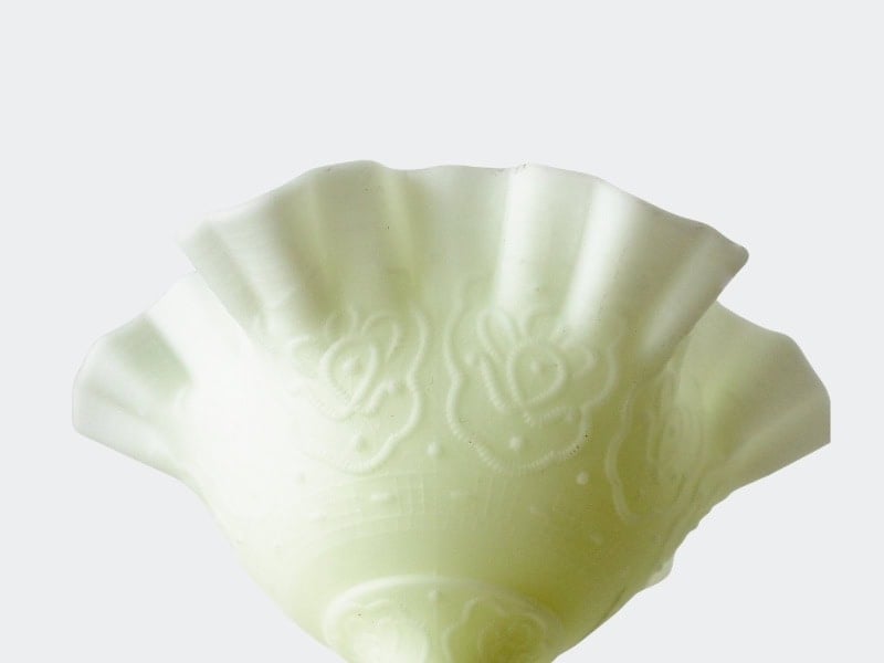 close up of pattern on Fenton yellow custard glass ruffled compote