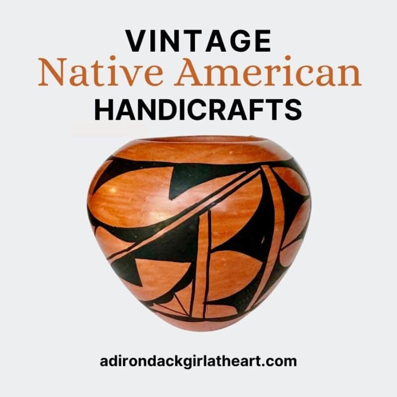 Navajo pot with text: Vintage native american handicrafts