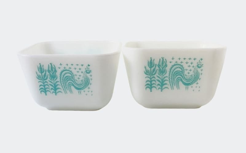 pair of small white dishes with blue design--roosters & farmers