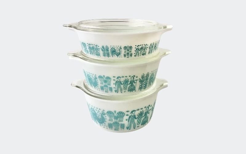 STACK of 3 white casseroles with aqua blue design: roosters & farmers