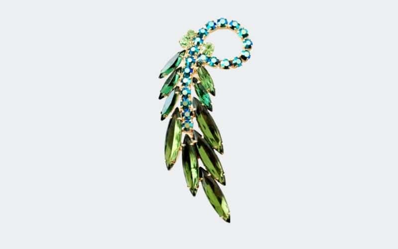 green and blue rhinestone leaf shaped pin