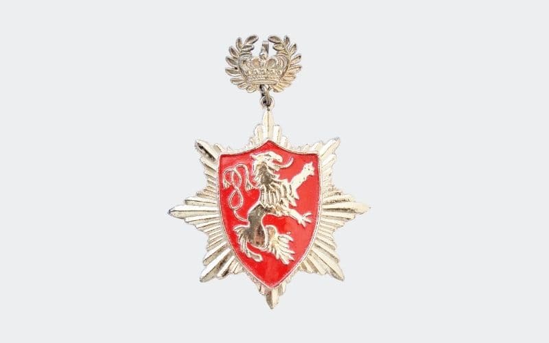 Shield shaped pin with lion on red background