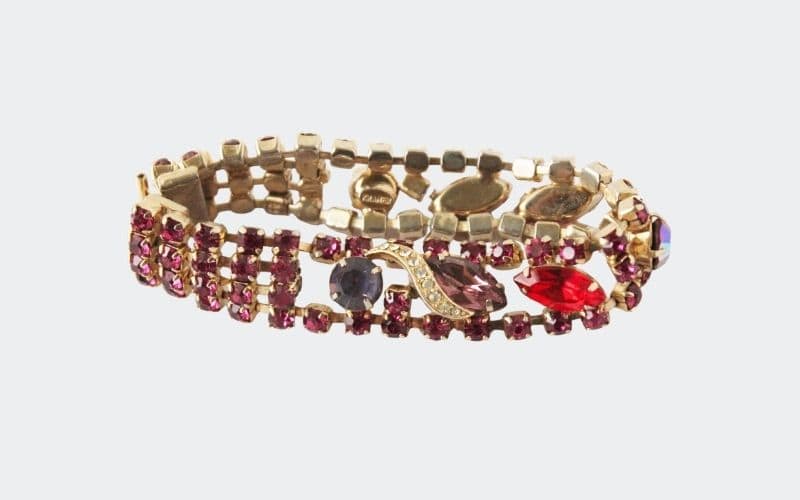 Ornate rhinestone bracelet in pinks and reds