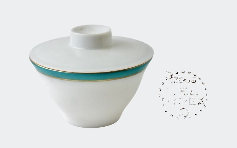 white sugar bowl with aqua blue edge
