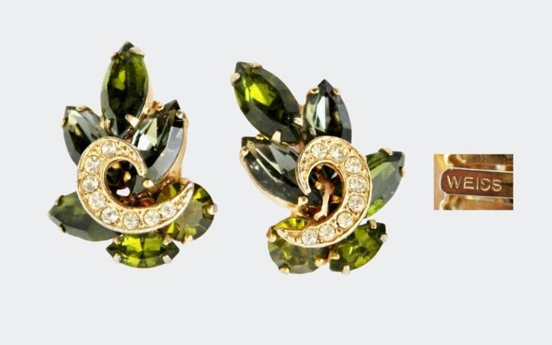 Ornate green rhinestone clip on earrings