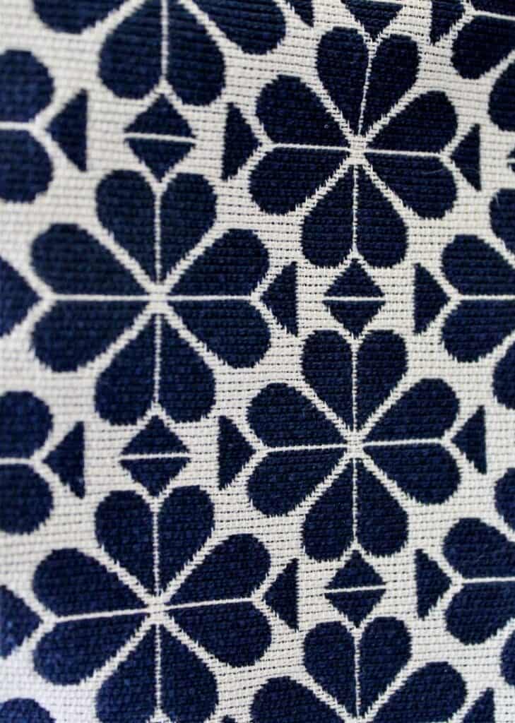 blue and white floral canvas on tote