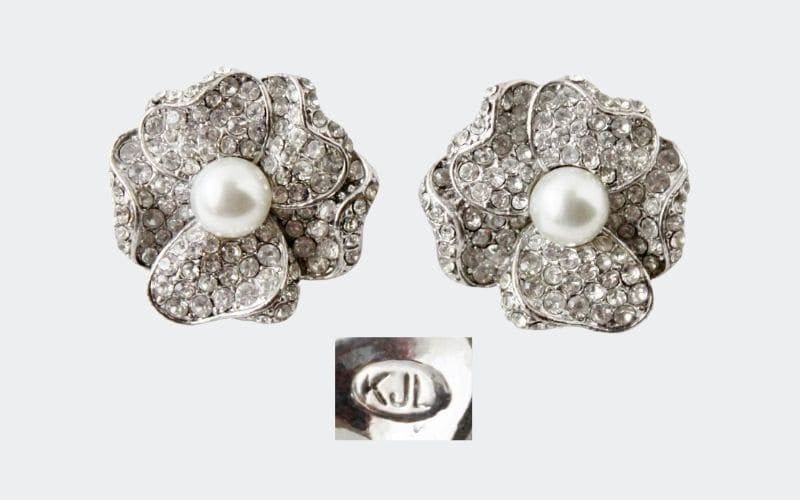 silver floral earrings with pearl center, KJL mark