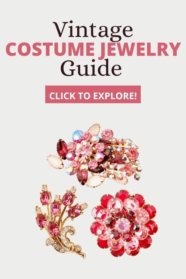 three pink rhinestone pins with text: Vintage Costume Jewelry Guide