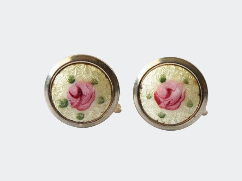 Vintage yellow guilloche with handpainted rose earrings 