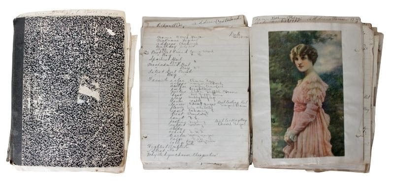 1920's scrapbook with writing and image of a pretty young lady