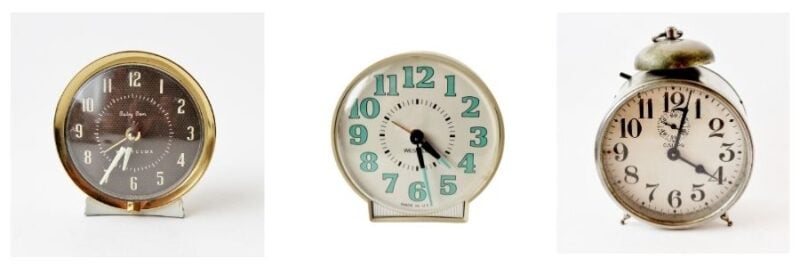 3 different vintage alarm clocks