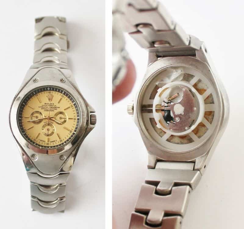 front and back of a broken rolex watch