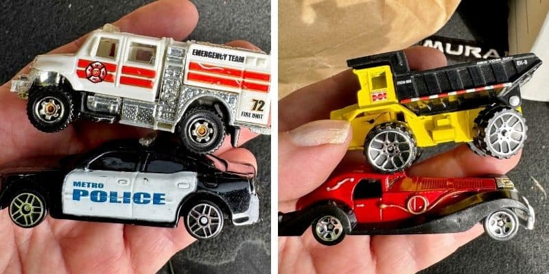 4 different matchbox cars: ambulence, police, dump truck, old fashioned