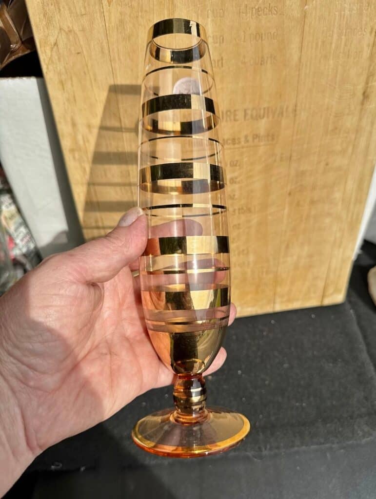 mcm pink glass bud vase with wide gold stripes