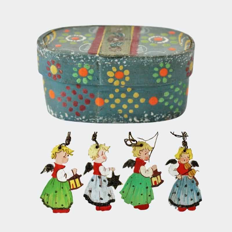 tiny blue band box with angel ornaments